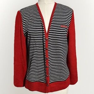 St. John Sport Navy Red V-Neck Striped Long Sleeve Knit Cardigan Sweater Medium